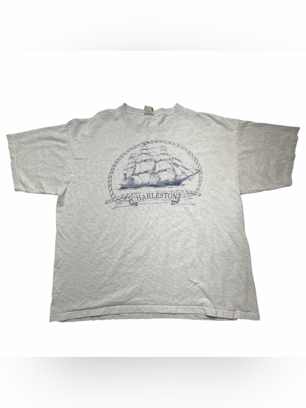 Vintage 2XL Gray White Striped Crew Neck Short Sleeve Charleston Sailboat Tee